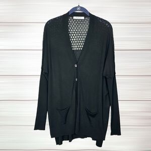 Kokun Cashmere Blend Black Lightweight Long Lace Back Cardigan V-neck Pocket M-L